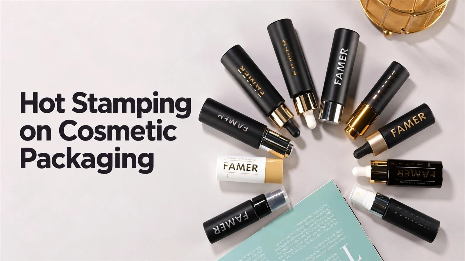 FAMER cosmetic bottles with gold lettering on dark bodies, alongside dropper and pump closures. FAMER cosmetic bottles with gold lettering on dark bodies, alongside dropper and pump closures.