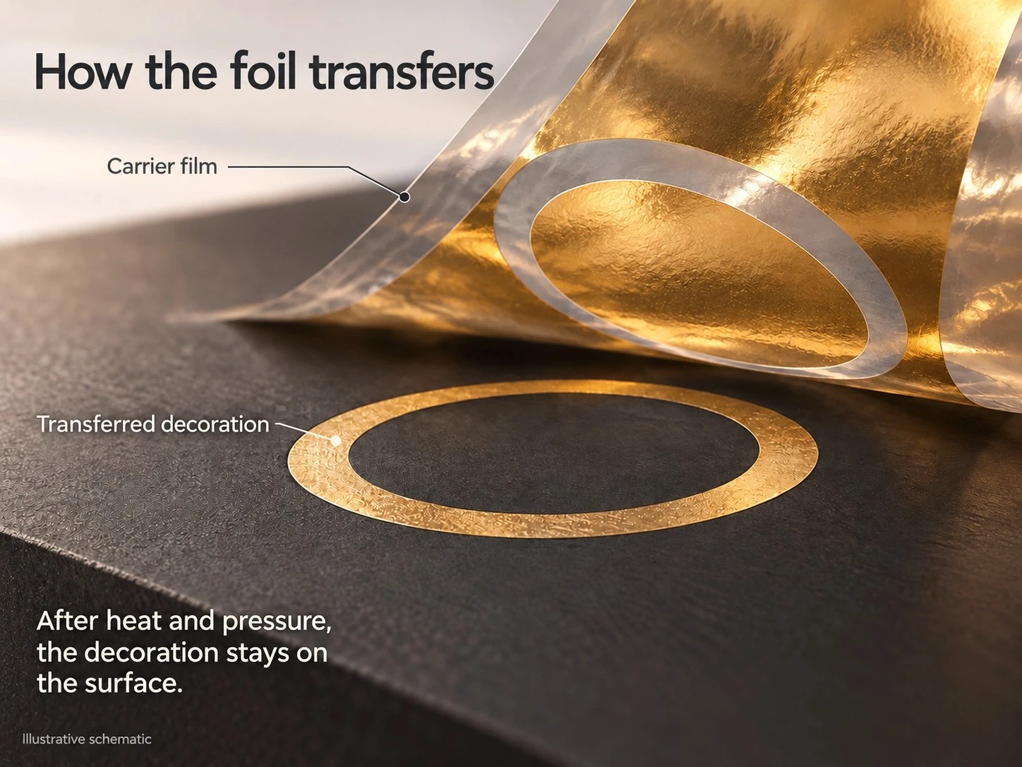 Annotated carrier-film removal illustrates how a thin gold decoration remains on the receiving surface Annotated carrier-film removal illustrates how a thin gold decoration remains on the receiving surface